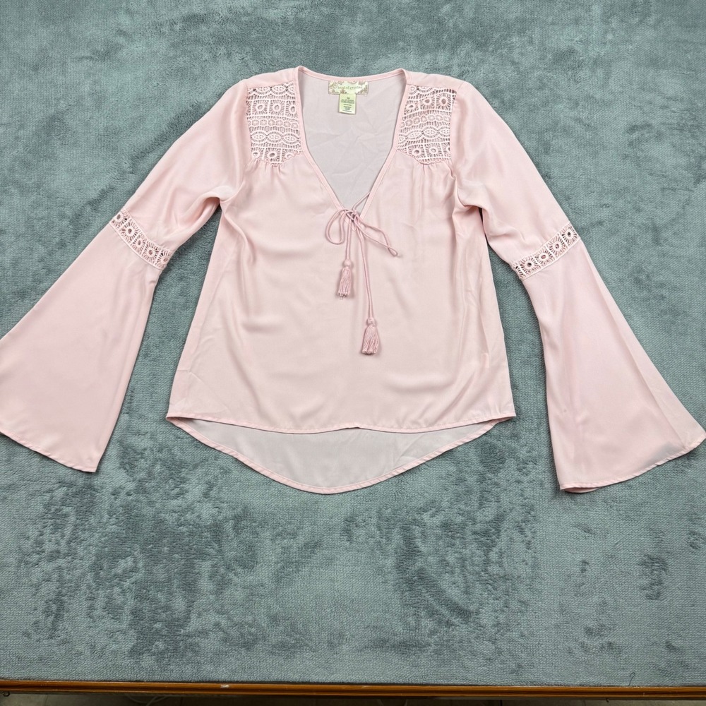 Band of Gypsies Pink Crochet Lace Bell Sleeve Tassel Tie Boho Blouse XS W9B23584